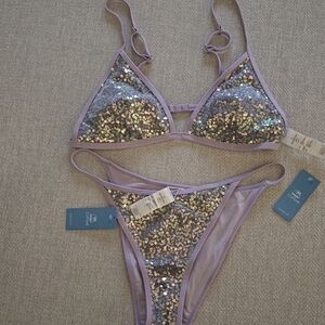 Cupshe Purple Sequin Bikini Set, NWT, Large Top, Medium Bottom